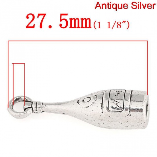 Immagine di Lega di Zinco Charm Ciondoli Bottiglia Argento Antico Lettere Scolpito " wine " 27.5mm x 8mm , 250 Pz