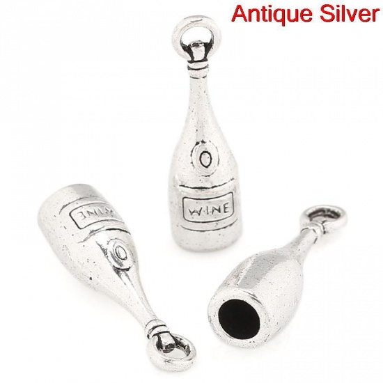 Immagine di Lega di Zinco Charm Ciondoli Bottiglia Argento Antico Lettere Scolpito " wine " 27.5mm x 8mm , 250 Pz