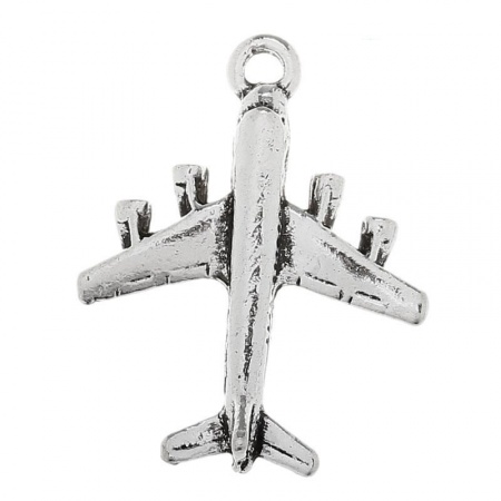 Zinc Based Alloy Pendants Travel Airplane Antique Silver Color 30mm(1 1/8") x 23mm( 7/8"), 4 PCs