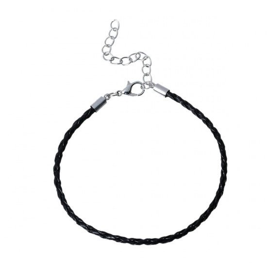 Picture of Faux Leather Braided Cord Lobster Clasp Bracelets Silver Tone Black 20.7cm(8 1/8") long, 3 PCs