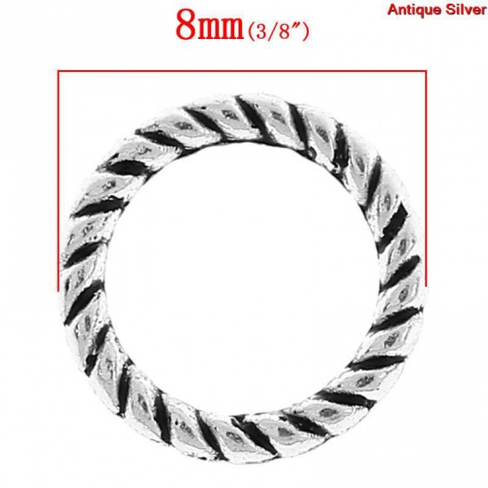 Picture of 1.1mm Zinc Based Alloy Closed Soldered Jump Rings Findings Round Antique Silver Color Stripe Carved 8mm Dia, 1000 PCs