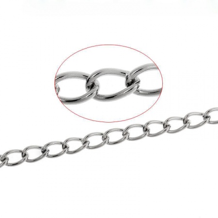 Picture of 3 M (Approx 9.84 Foot) 304 Stainless Steel Open Curb Link Chain For Handmade DIY Jewelry Making Findings Silver Tone 5.5x3.5mm