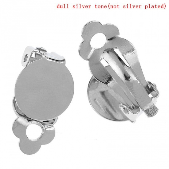 Picture of Iron Based Alloy Lever Back Clips Earring Findings Round Flat Pad Silver Tone 19mm x 10mm, 50 PCs