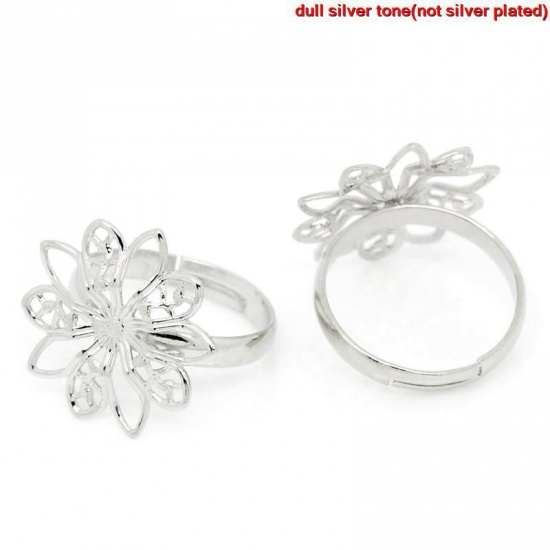 Bild von Messing Einstellbar Ring Filigran Stempel Blumen Silberfarben 16.7mm, 2 Stücke