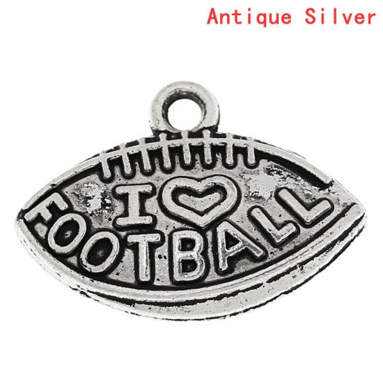Picture of 8 PCs Zinc Based Alloy Sport Charms Antique Silver Color Football Message " I Love Football " 21mm x 15mm