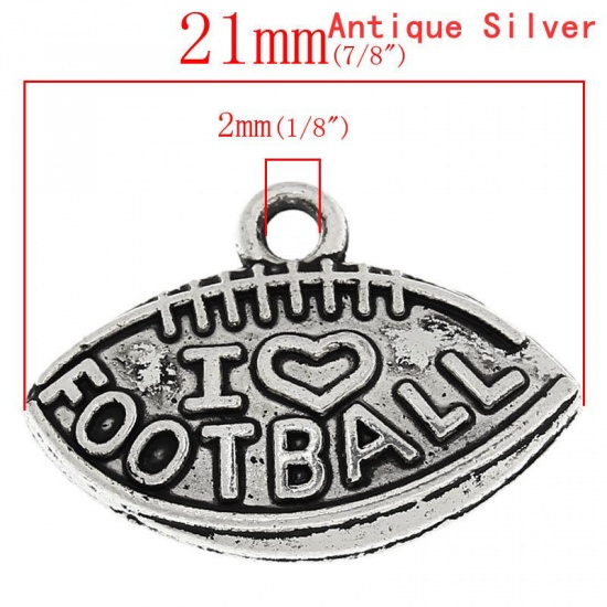 Picture of 8 PCs Zinc Based Alloy Sport Charms Antique Silver Color Football Message " I Love Football " 21mm x 15mm