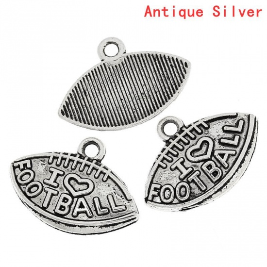 Picture of 8 PCs Zinc Based Alloy Sport Charms Antique Silver Color Football Message " I Love Football " 21mm x 15mm