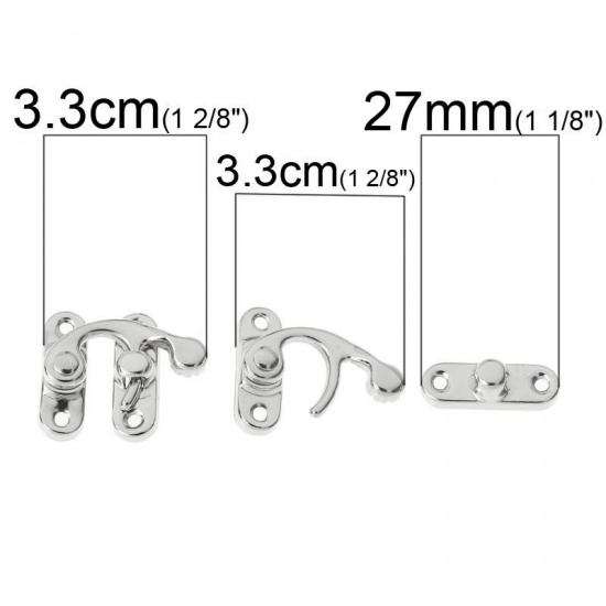Picture of Iron Based Alloy Cabinet Box Lock Catch Latches Silver Tone 3.3cm x2.7cm(1 2/8" x1 1/8") 9mm x27mm( 3/8" x1 1/8"), 50 Sets