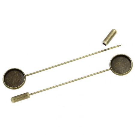 Brass Stick Pin Brooches Findings Round Antique Bronze Cabochon Settings (Fits 12mm Dia.) 74mm(2 7/8") x 14mm( 4/8"), 1 Piece