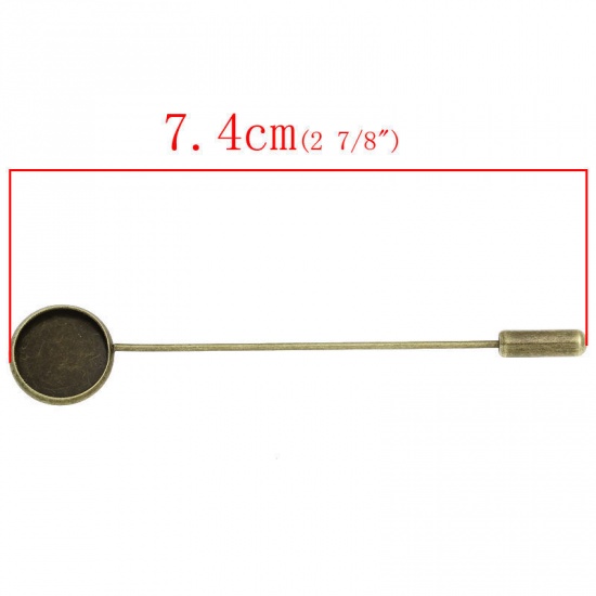Picture of Brass Stick Pin Brooches Findings Round Antique Bronze Cabochon Settings (Fits 12mm Dia.) 74mm(2 7/8") x 14mm( 4/8"), 1 Piece                                                                                                                                 