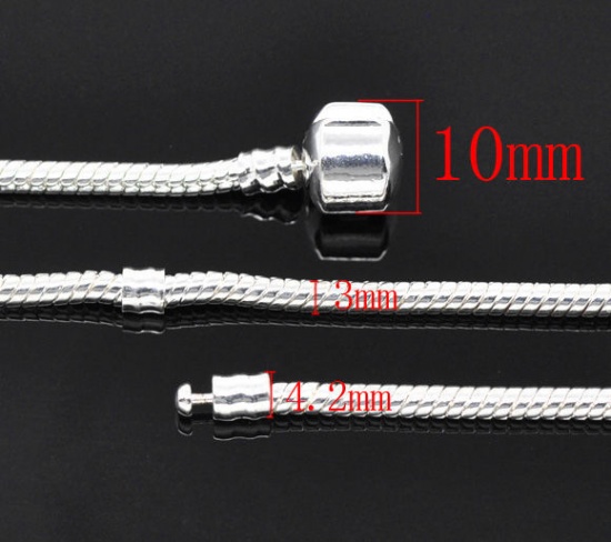 Picture of Copper European Style Snake Chain Charm Bracelets Silver Plated W/ Stopper Clip For Kids/Children 16cm long, 2 PCs