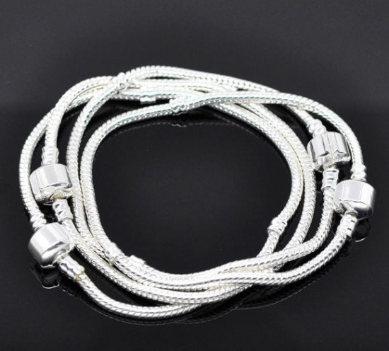 Picture of Copper European Style Snake Chain Charm Bracelets Silver Plated W/ Stopper Clip For Kids/Children 16cm long, 2 PCs