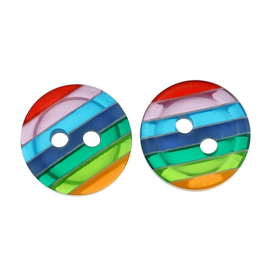 Imagen de Botón de Costura Botón Dos Agujeros Resina de Ronda,Multicolor,Raya 12mm Diámetro, 100 Unidades