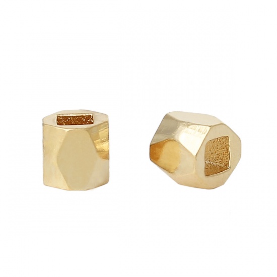 Picture of Brass Beads For DIY Charm Jewelry Making 18K Real Gold Plated Cube Faceted About 3mm x 3mm, Hole: Approx 1.5mm x 1.5mm, 500 PCs                                                                                                                               