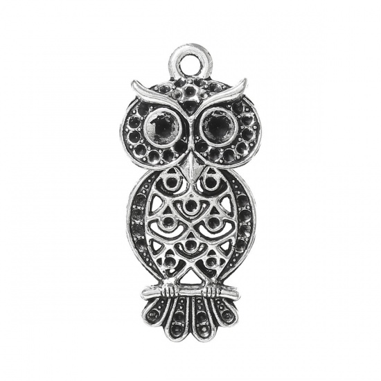 Picture of 4 PCs Zinc Based Alloy Pendants Antique Silver Color Owl Animal Carved Pattern (Can Hold ss4 ss12 Pointed Back Rhinestone) 3.4cm x 1.6cm