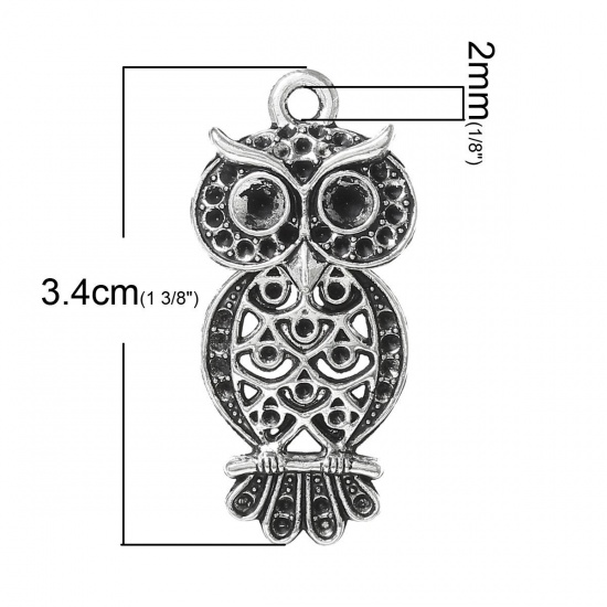 Picture of 4 PCs Zinc Based Alloy Pendants Antique Silver Color Owl Animal Carved Pattern (Can Hold ss4 ss12 Pointed Back Rhinestone) 3.4cm x 1.6cm