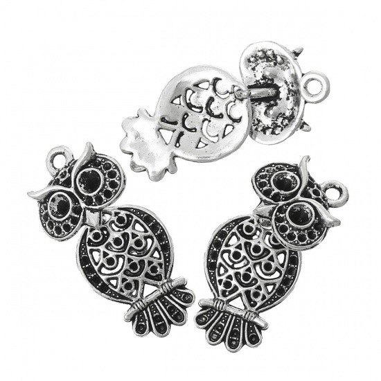 Picture of 4 PCs Zinc Based Alloy Pendants Antique Silver Color Owl Animal Carved Pattern (Can Hold ss4 ss12 Pointed Back Rhinestone) 3.4cm x 1.6cm