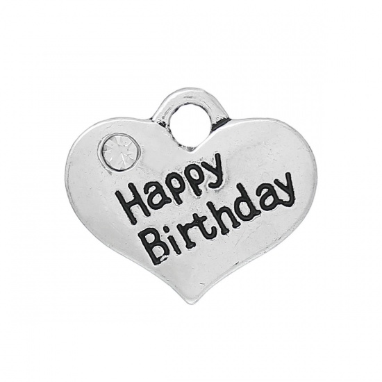 Picture of 2 PCs Zinc Based Alloy Charms Antique Silver Color Heart Message " HAPPY BIRTHDAY " Clear Rhinestone 16mm x 14mm
