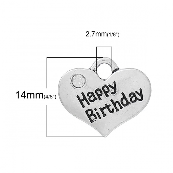 Picture of 2 PCs Zinc Based Alloy Charms Antique Silver Color Heart Message " HAPPY BIRTHDAY " Clear Rhinestone 16mm x 14mm