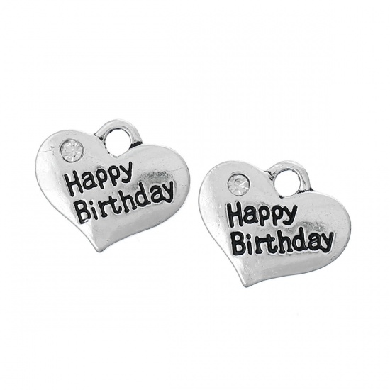Picture of 2 PCs Zinc Based Alloy Charms Antique Silver Color Heart Message " HAPPY BIRTHDAY " Clear Rhinestone 16mm x 14mm