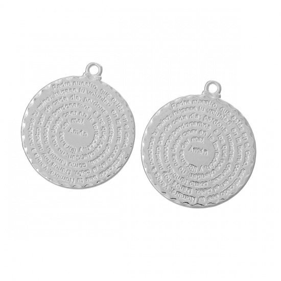 Image de Pendentifs en Alliage de Zinc Forme Rond Gravé caractère Argent mat, 3.6cm x 3.2cm, 20 Pièces 