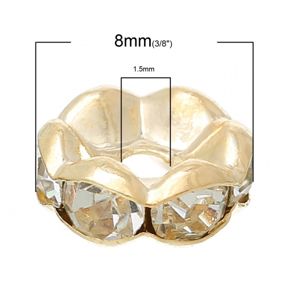 Picture of Brass Rhinestone Rondelle Spacer Beads Flower KC Gold Plated Clear Rhinestone 8mm Dia,100PCs                                                                                                                                                                  
