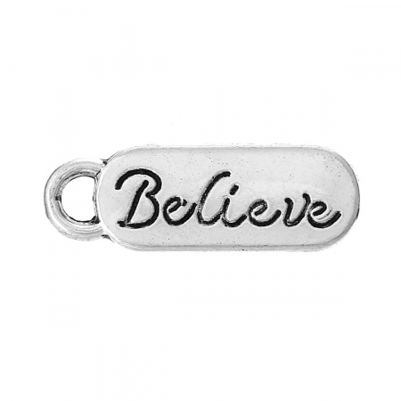 亜鉛合金 チャーム ペンダント 長方形 銀古美 文字" Believe "彫刻 20mm x 7mm、 100 個