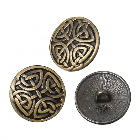 Picture of Zinc Based Alloy Metal Sewing Shank Buttons Round Antique Bronze Knot Carved 17mm( 5/8") Dia, 20 PCs