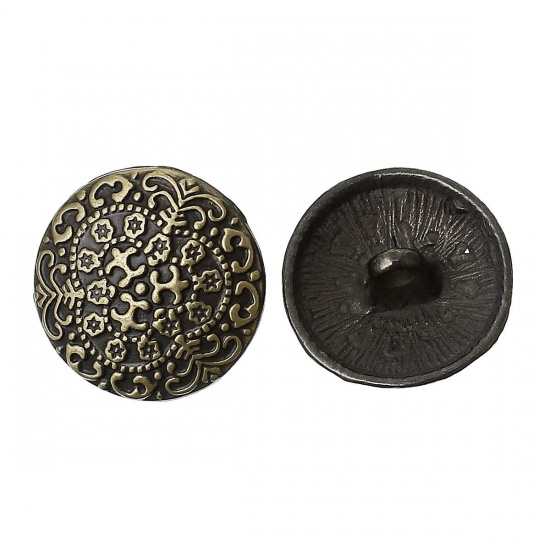 Picture of Zinc Based Alloy Metal Sewing Shank Buttons Round Antique Bronze Pattern Carved 17mm( 5/8") Dia, 30 PCs