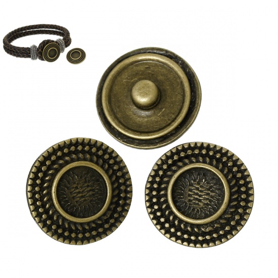 Image de Boutons à Boutons-Pressions Bijoux avec Boutons-Pression Rond Bronze Antique à Pois Dia. 21mm, Taille de Poignée: 5.5mm, 10 Pcs