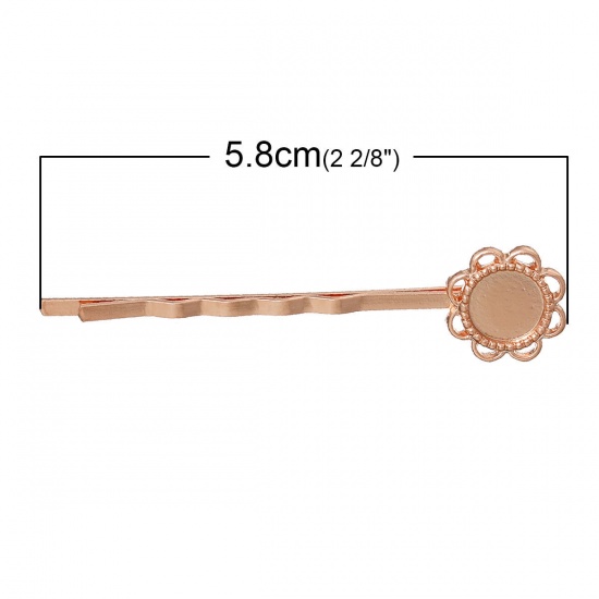 Picture of Zinc Based Alloy Filigree Bobby Pins Hair Grips Clips Flower Rose Gold Cabochon Setting(Fits 8mm Dia) 5.8cm x 1.4cm, 10 PCs