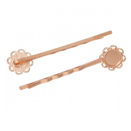 Picture of Zinc Based Alloy Filigree Bobby Pins Hair Grips Clips Flower Rose Gold Cabochon Setting(Fits 8mm Dia) 5.8cm x 1.4cm, 10 PCs