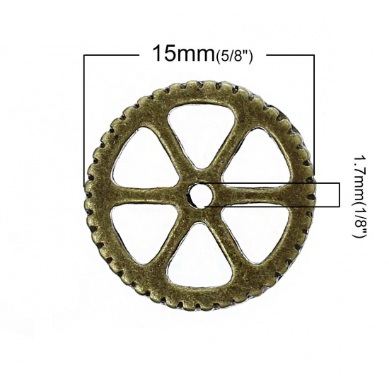 Bild von Zinklegierung Steampunk Verzierung Embellishments Zahnrad Geschnitzt Antikbronze 15mm D., 50 Stücke