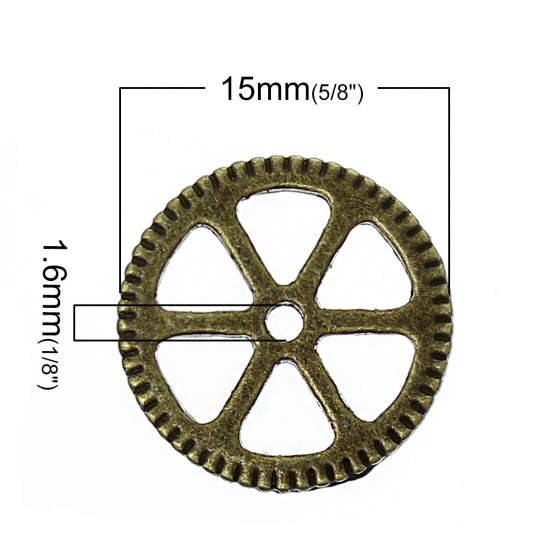 Immagine di Lega di Zinco Steampunk Cabochon per Abbellimento Ingranaggio Bronzo Antico Filigree Stamping 15mm Dia, 7 Pz