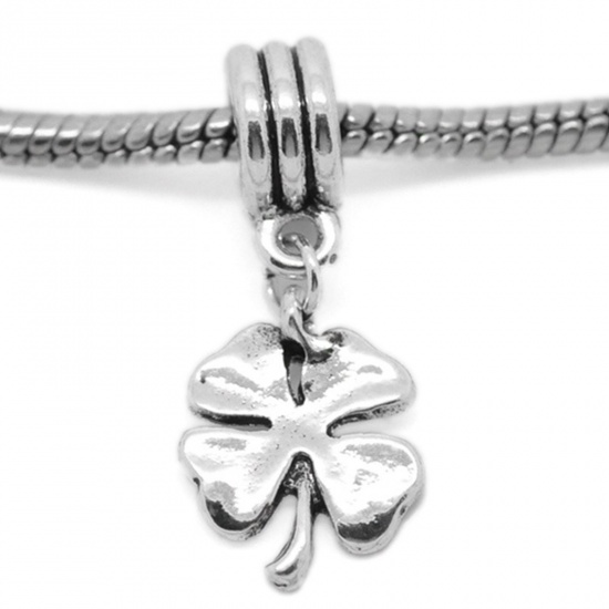 Picture of European Style Large Hole Charm Dangle Beads Four-Leaf Clover Antique Silver Color 30mm x 12mm, 2 PCs