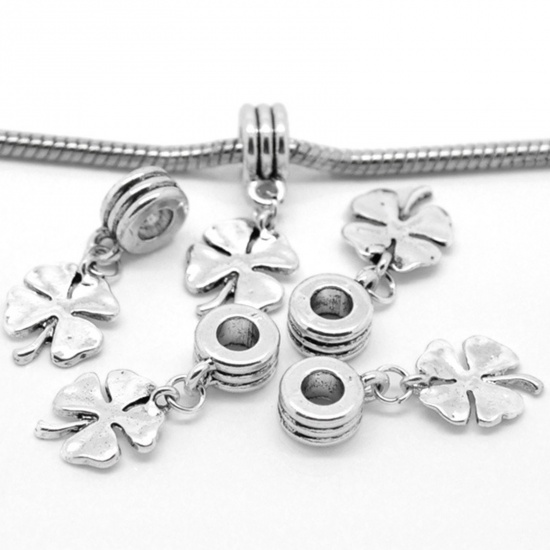 Picture of European Style Large Hole Charm Dangle Beads Four-Leaf Clover Antique Silver Color 30mm x 12mm, 2 PCs