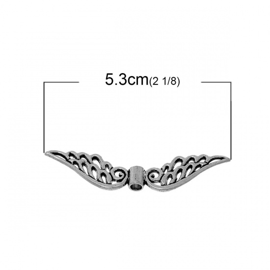 Picture of Zinc Based Alloy Spacer Beads Angel Wing Antique Silver Color Flower Hollow Carved About 5.3cm x1.3cm, Hole:Approx 2mm, 200 PCs