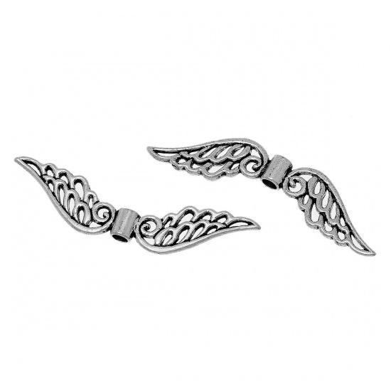 Picture of Zinc Based Alloy Spacer Beads Angel Wing Antique Silver Color Flower Hollow Carved About 5.3cm x1.3cm, Hole:Approx 2mm, 200 PCs