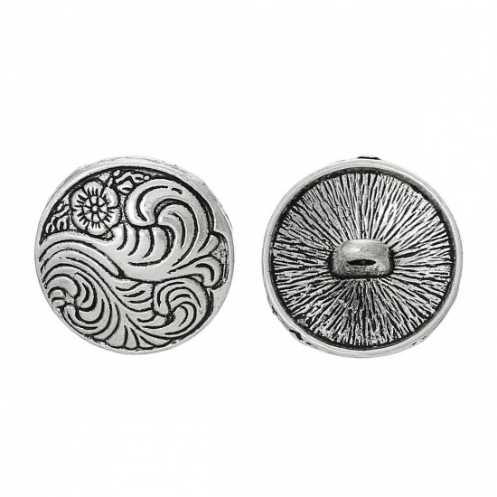 Picture of Zinc Based Alloy Metal Sewing Shank Buttons Round Antique Silver Color Flower Carved 17mm( 5/8") Dia, 50 PCs