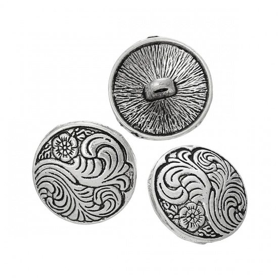 Picture of Zinc Based Alloy Metal Sewing Shank Buttons Round Antique Silver Color Flower Carved 17mm( 5/8") Dia, 50 PCs