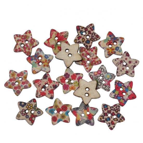 Picture of 9 PCs Natural Wood Sewing Buttons Scrapbooking 2 Holes Pentagram Star At Random Mixed Color Flower 20mm x 19mm