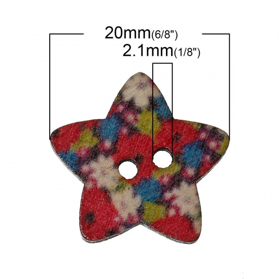 Picture of 9 PCs Natural Wood Sewing Buttons Scrapbooking 2 Holes Pentagram Star At Random Mixed Color Flower 20mm x 19mm