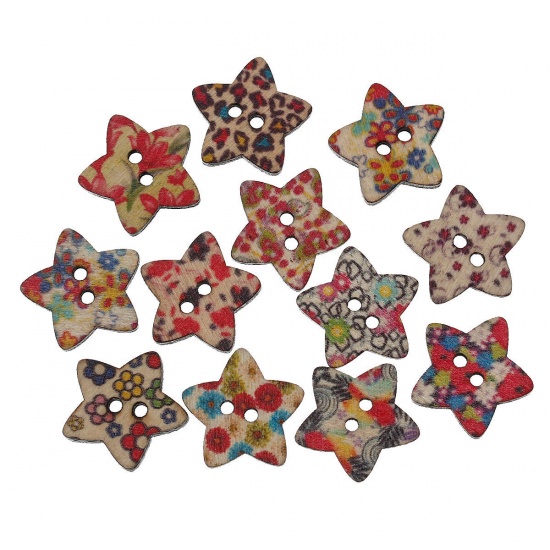 Picture of 9 PCs Natural Wood Sewing Buttons Scrapbooking 2 Holes Pentagram Star At Random Mixed Color Flower 20mm x 19mm
