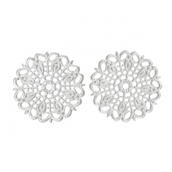 Picture of Brass Filigree Stamping Embellishment Findings Round Silver Plated Hollow Flower Pattern 25mm x 25mm(1" x1"),50PCs                                                                                                                                            