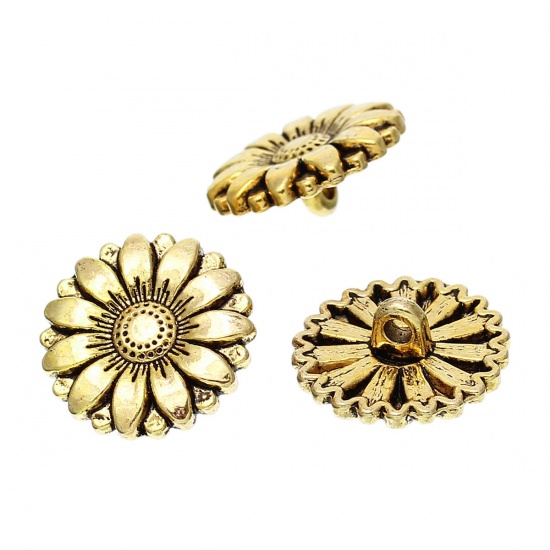 Picture of Zinc Based Alloy Metal Sewing Shank Buttons Sunflower Gold Tone Antique Gold 18mm( 6/8") Dia, 50 PCs