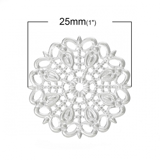 3 個 真鍮 透かしパーツ 装飾 円形 銀メッキ 25mm x 25mm、 の画像
