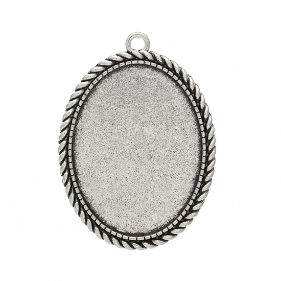 Picture of Zinc Based Alloy Cabochon Setting Pendants Oval Antique Silver Color (Fits 4cm x 3cm) 5.1cm x 3.7cm, 10 PCs