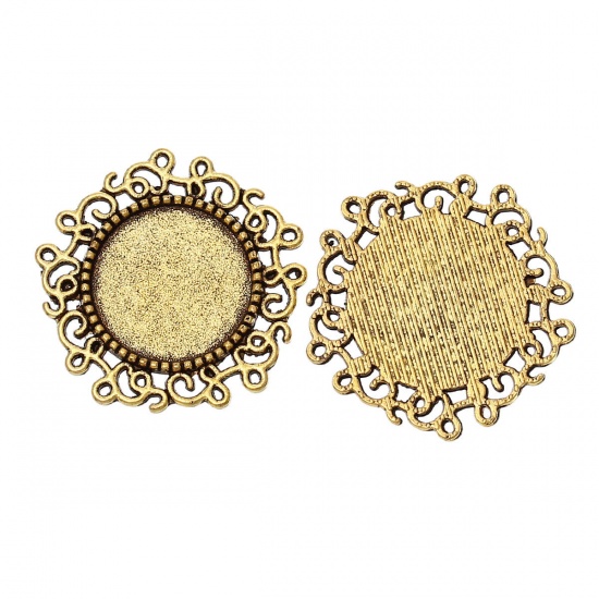 Picture of Zinc Based Alloy Embellishments Findings Round Gold Tone Antique Gold Cabochon Settings (Fit 14mm Dia) 24mm x 24mm(1"x 1"), 50 PCs