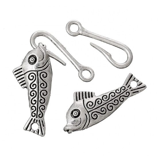 Picture of Hook Clasps Fish Antique Silver Color (Lead,Nickel Free) 5.6cm x 1.4cm,10 Sets