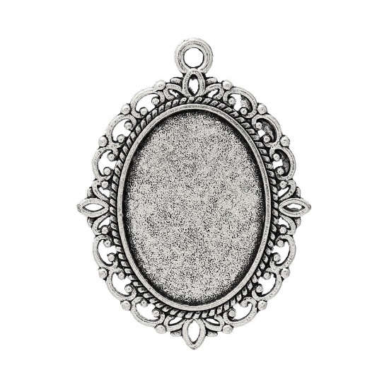 Picture of Zinc Based Alloy Cabochon Setting Pendants Oval Antique Silver Color (Fits 25mm x 18mm) 4cm x 3cm, 30 PCs